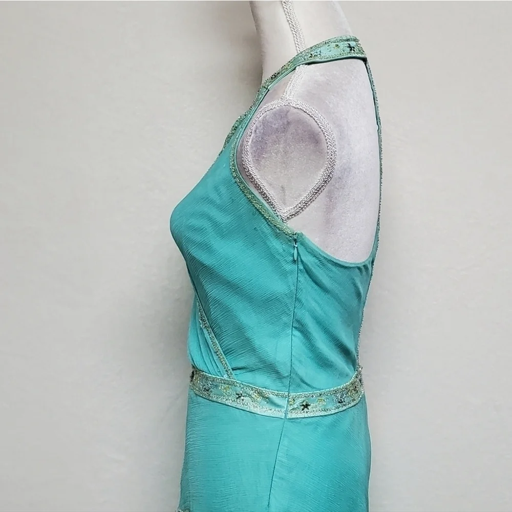 Vintage 90s Laundry by Shelli Segal Aqua Silk Chiffon Sequin T-Back Hi-low Dress - Picture 10 of 16
